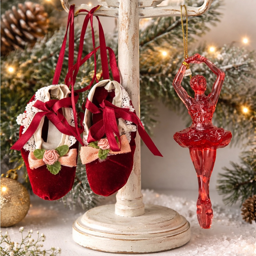 Vintage ballet slippers and ballerina ornaments